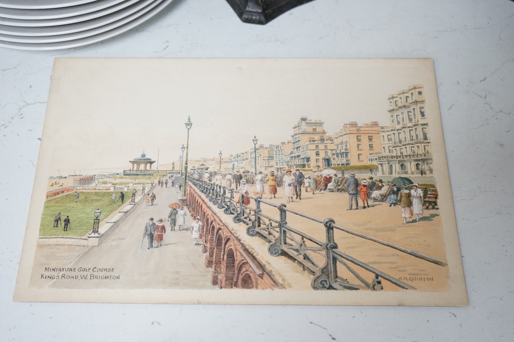 Alfred Robert Quinton (1853-1934), a set of four original watercolours for postcard designs, Brighton views to include ‘New Promenade Gardens’, ‘Kings Road from Queens Hotel and ‘Miniature Golf Course’, each monogrammed,